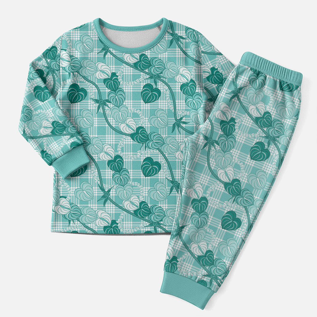 Anthurium Pikake Ti Leaf Palaka Christmas Pajama Set Turquoise Version LT01 Men Turquoise - Polynesian Pride