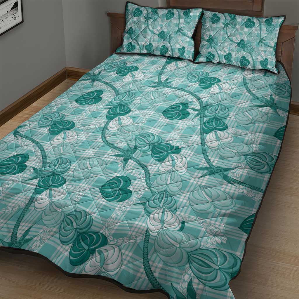 Anthurium Pikake Ti Leaf Palaka Quilt Bed Set Turquoise Version