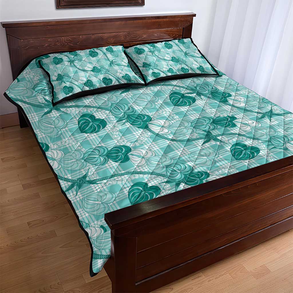 Anthurium Pikake Ti Leaf Palaka Quilt Bed Set Turquoise Version