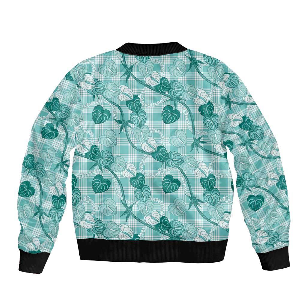Anthurium Pikake Ti Leaf Palaka Sleeve Zip Bomber Jacket Turquoise Version