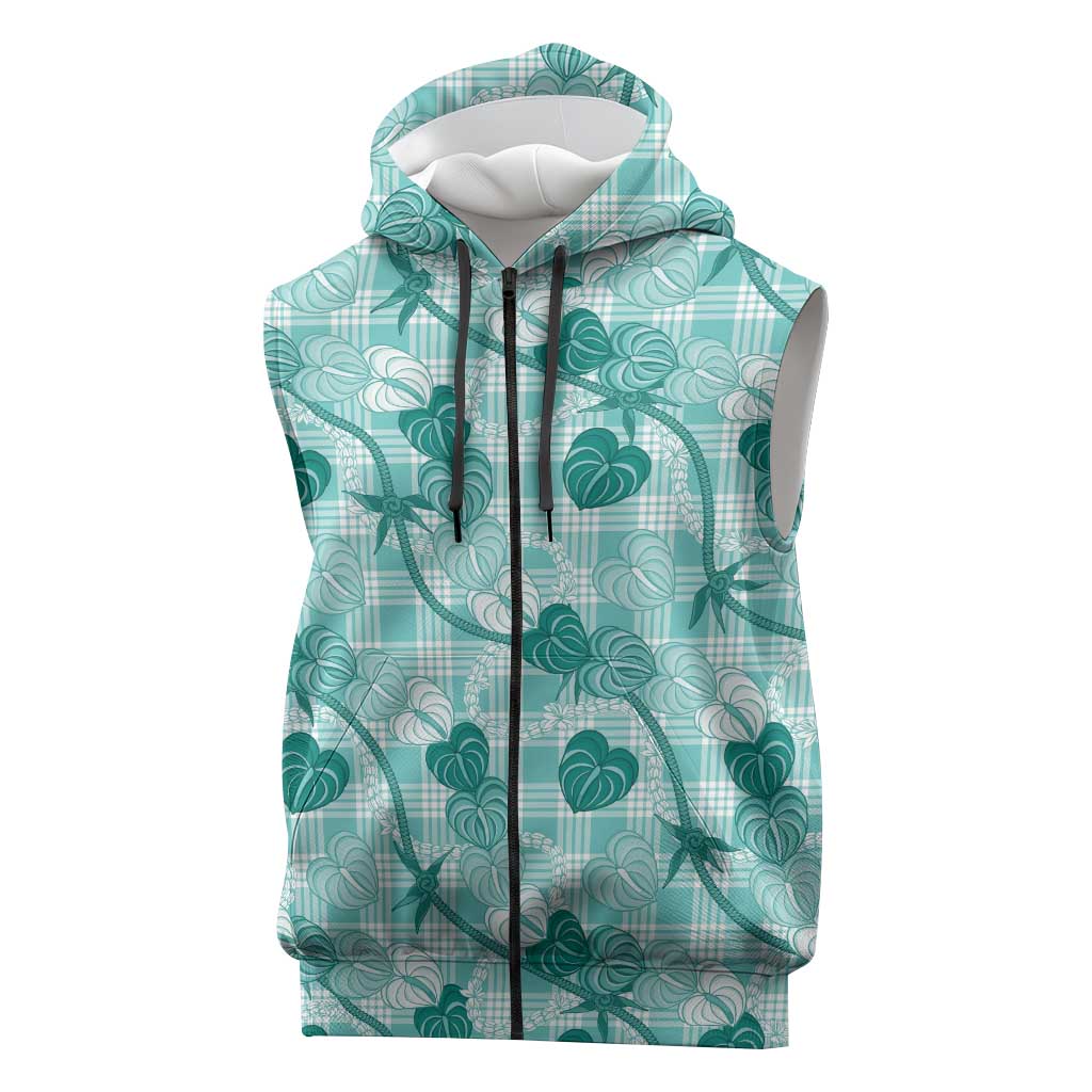 Anthurium Pikake Ti Leaf Palaka Sleeveless Zip Hoodie Turquoise Version LT01 Turquoise - Polynesian Pride