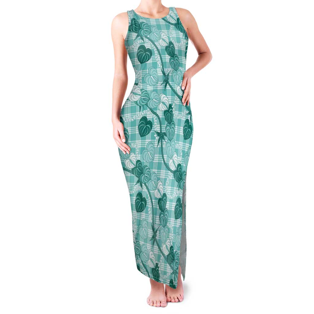 Anthurium Pikake Ti Leaf Palaka Tank Maxi Dress Turquoise Version