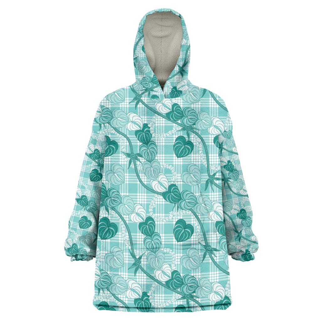 Anthurium Pikake Ti Leaf Palaka Wearable Blanket Hoodie Turquoise Version LT01 One Size Turquoise - Polynesian Pride