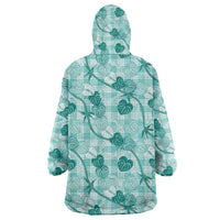 Anthurium Pikake Ti Leaf Palaka Wearable Blanket Hoodie Turquoise Version LT01 - Polynesian Pride