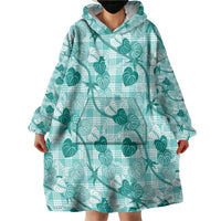 Anthurium Pikake Ti Leaf Palaka Wearable Blanket Hoodie Turquoise Version LT01 - Polynesian Pride