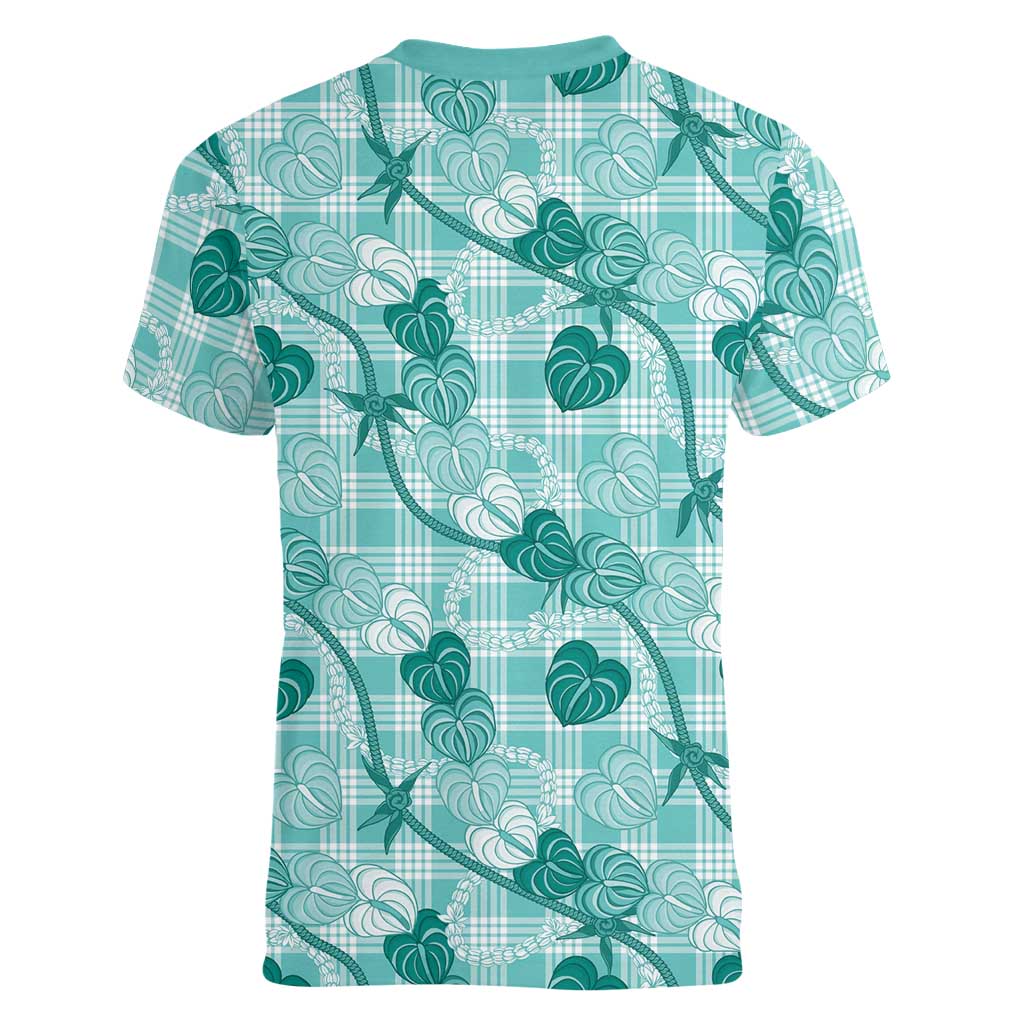 Anthurium Pikake Ti Leaf Palaka Women V-Neck T-Shirt Turquoise Version