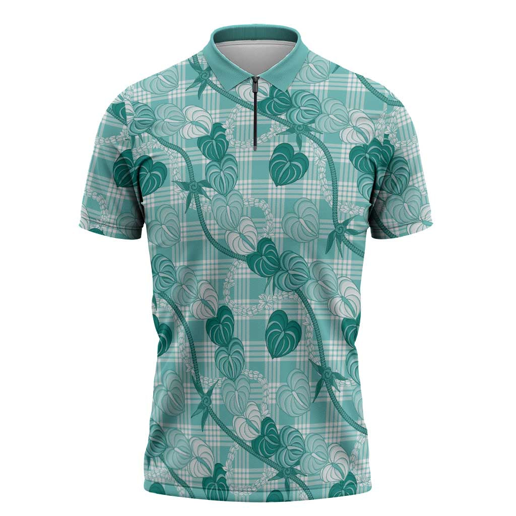 Anthurium Pikake Ti Leaf Palaka Zipper Polo Shirt Turquoise Version
