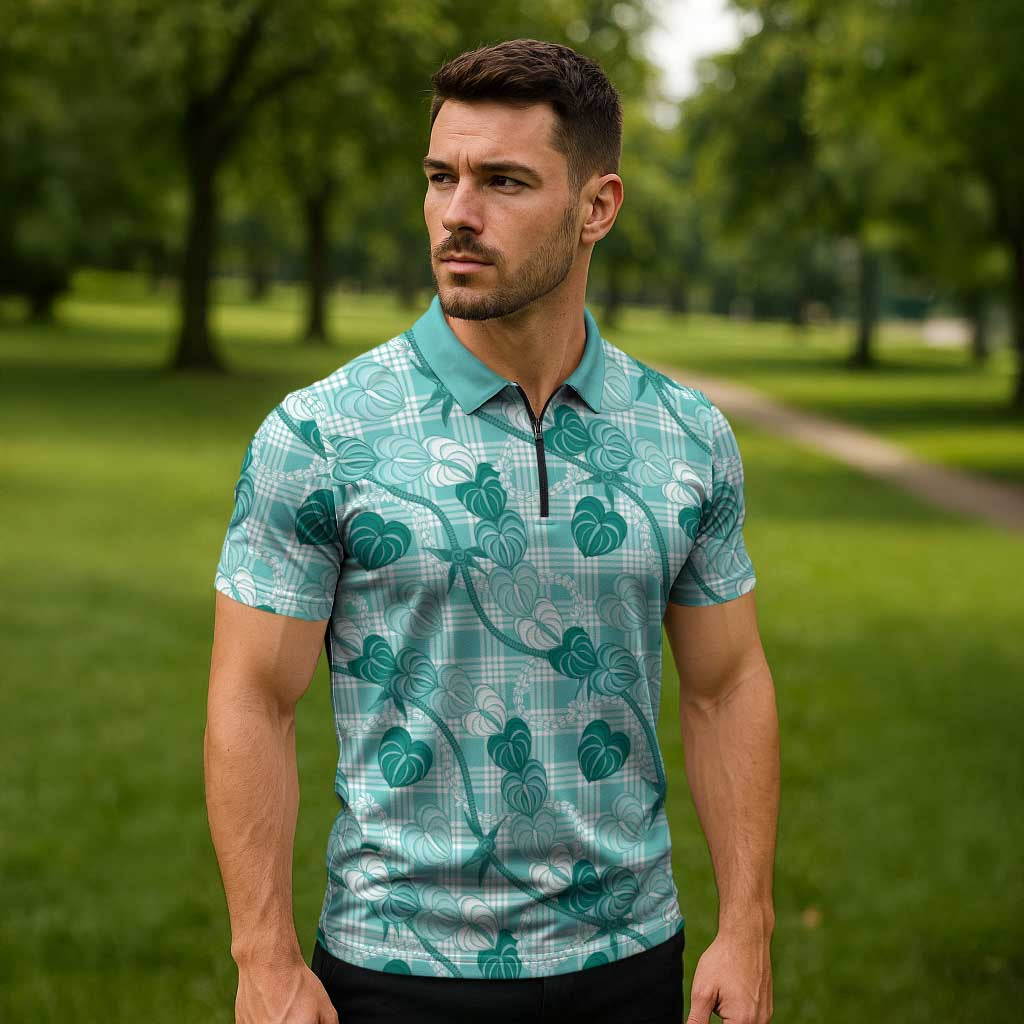 Anthurium Pikake Ti Leaf Palaka Zipper Polo Shirt Turquoise Version