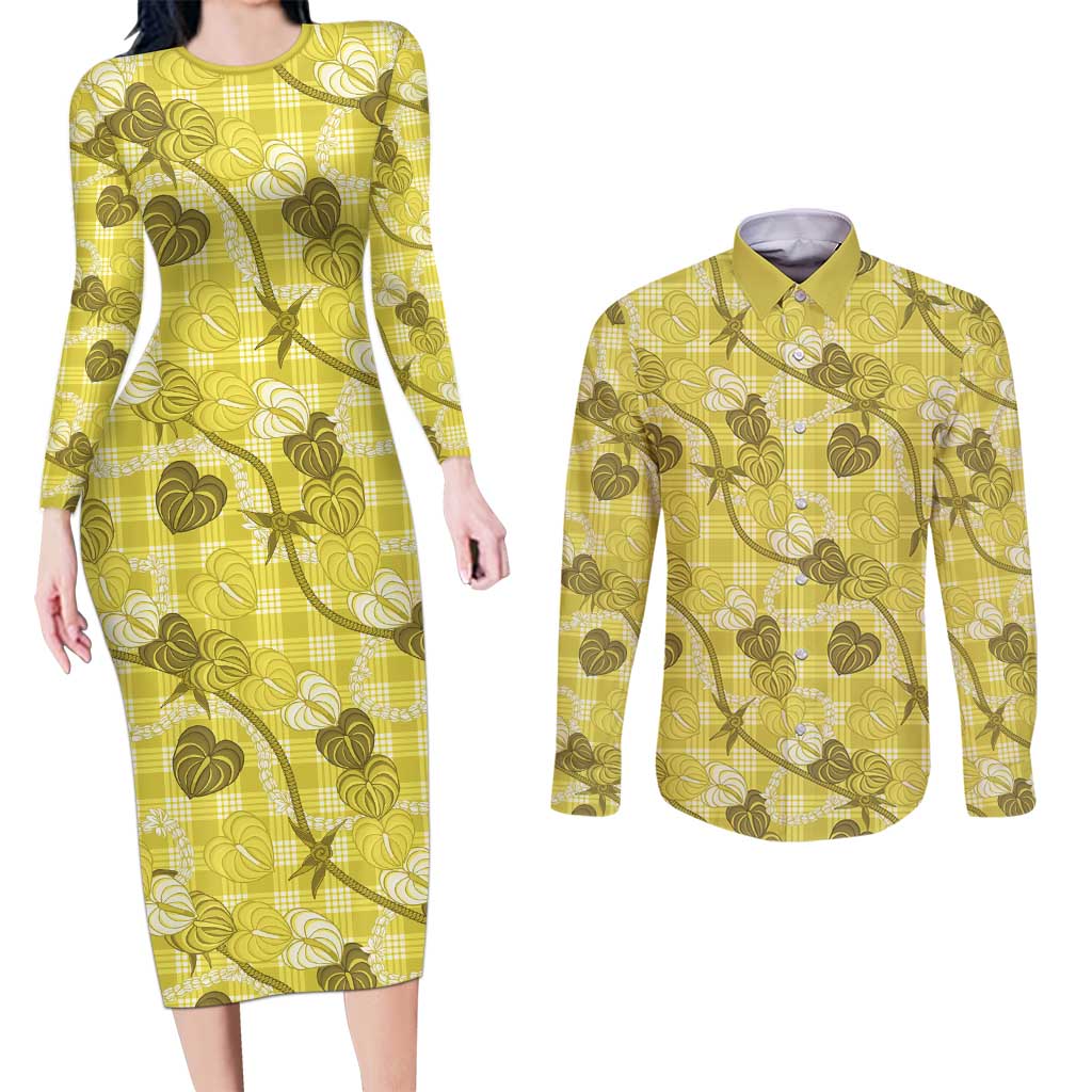 Anthurium Pikake Ti Leaf Palaka Couples Matching Long Sleeve Bodycon Dress and Long Sleeve Button Shirt Yellow Version