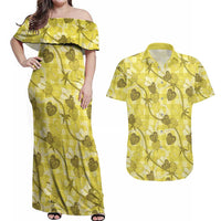 Anthurium Pikake Ti Leaf Palaka Couples Matching Off Shoulder Maxi Dress and Hawaiian Shirt Yellow Version LT01 Yellow - Polynesian Pride