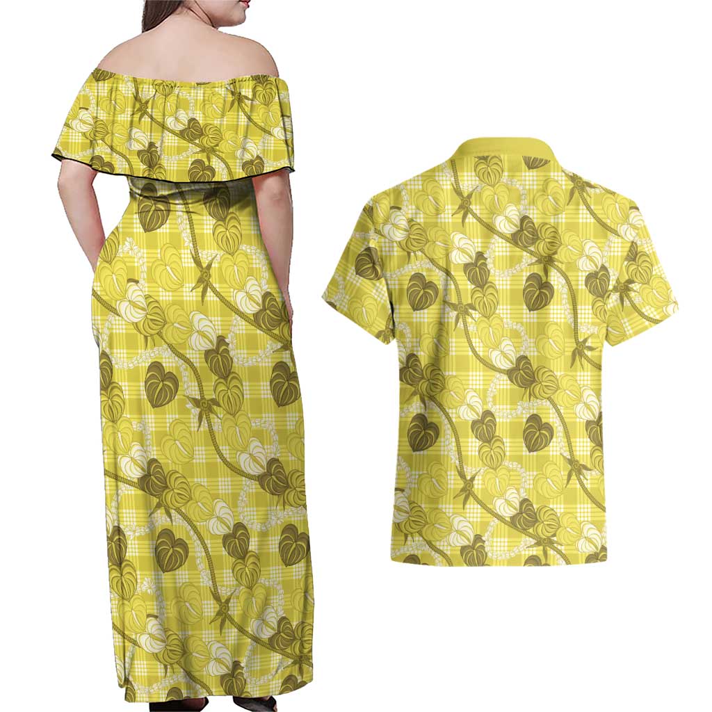 Anthurium Pikake Ti Leaf Palaka Couples Matching Off Shoulder Maxi Dress and Hawaiian Shirt Yellow Version LT01 - Polynesian Pride