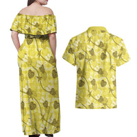 Anthurium Pikake Ti Leaf Palaka Couples Matching Off Shoulder Maxi Dress and Hawaiian Shirt Yellow Version LT01 - Polynesian Pride