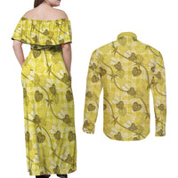 Anthurium Pikake Ti Leaf Palaka Couples Matching Off Shoulder Maxi Dress and Long Sleeve Button Shirt Yellow Version