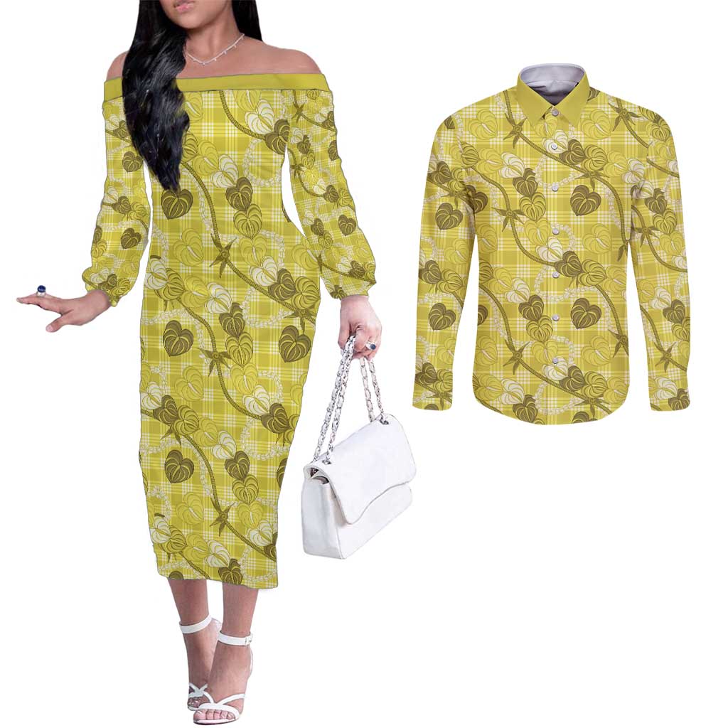 Anthurium Pikake Ti Leaf Palaka Couples Matching Off The Shoulder Long Sleeve Dress and Long Sleeve Button Shirt Yellow Version