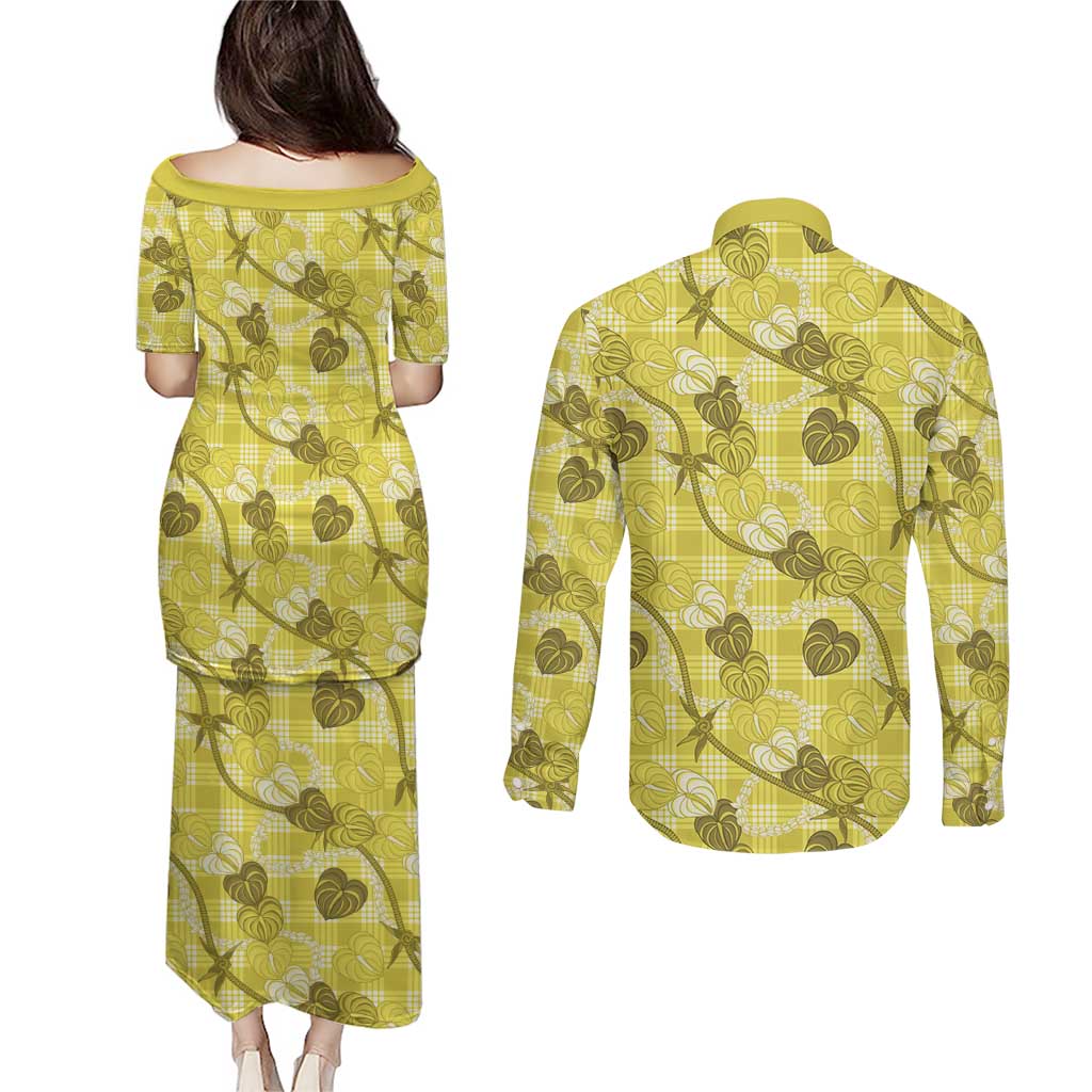 Anthurium Pikake Ti Leaf Palaka Couples Matching Puletasi and Long Sleeve Button Shirt Yellow Version