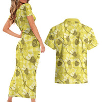 Anthurium Pikake Ti Leaf Palaka Couples Matching Short Sleeve Bodycon Dress and Hawaiian Shirt Yellow Version