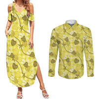 Anthurium Pikake Ti Leaf Palaka Couples Matching Summer Maxi Dress and Long Sleeve Button Shirt Yellow Version