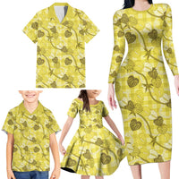 Anthurium Pikake Ti Leaf Palaka Family Matching Long Sleeve Bodycon Dress and Hawaiian Shirt Yellow Version LT01 - Polynesian Pride
