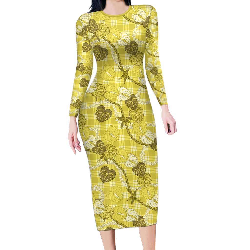 Anthurium Pikake Ti Leaf Palaka Family Matching Long Sleeve Bodycon Dress and Hawaiian Shirt Yellow Version LT01 Mom's Dress Yellow - Polynesian Pride
