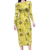 Anthurium Pikake Ti Leaf Palaka Family Matching Long Sleeve Bodycon Dress and Hawaiian Shirt Yellow Version LT01 Mom's Dress Yellow - Polynesian Pride