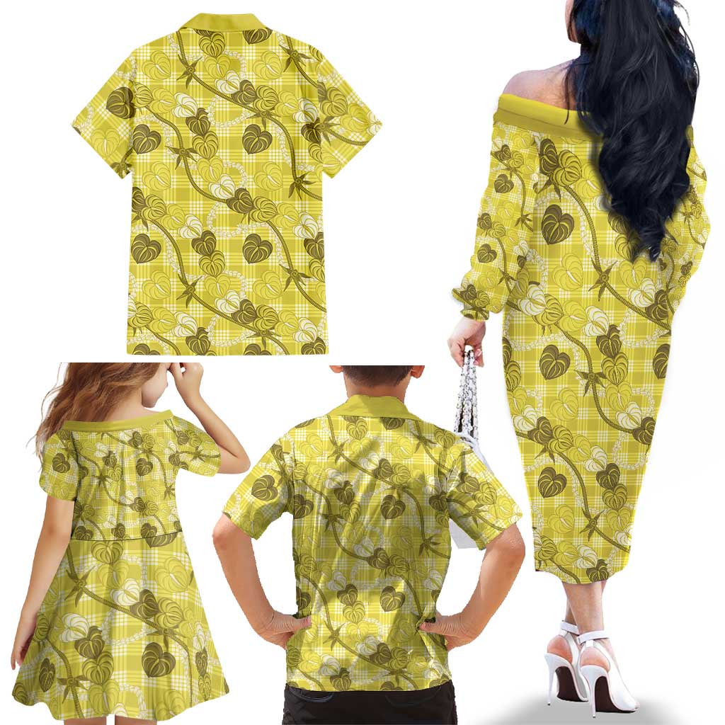 Anthurium Pikake Ti Leaf Palaka Family Matching Off The Shoulder Long Sleeve Dress and Hawaiian Shirt Yellow Version LT01 - Polynesian Pride
