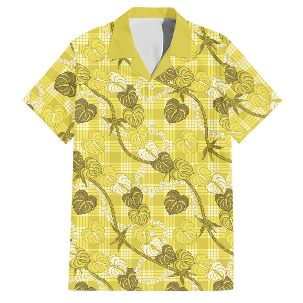 Anthurium Pikake Ti Leaf Palaka Family Matching Off Shoulder Maxi Dress and Hawaiian Shirt Yellow Version LT01 Dad's Shirt - Short Sleeve Yellow - Polynesian Pride
