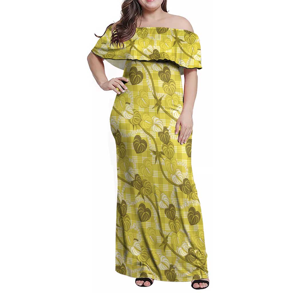 Anthurium Pikake Ti Leaf Palaka Family Matching Off Shoulder Maxi Dress and Hawaiian Shirt Yellow Version LT01 Mom's Dress Yellow - Polynesian Pride