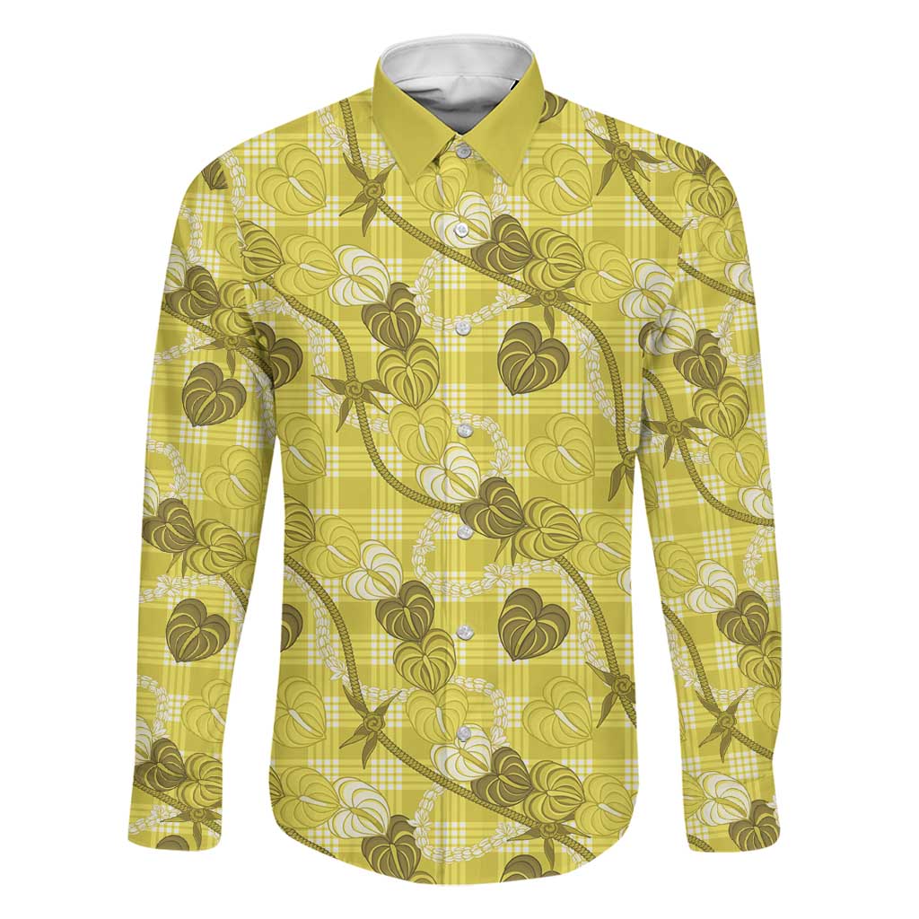 Anthurium Pikake Ti Leaf Palaka Family Matching Off Shoulder Short Dress and Hawaiian Shirt Yellow Version LT01 Dad's Shirt - Long Sleeve Yellow - Polynesian Pride
