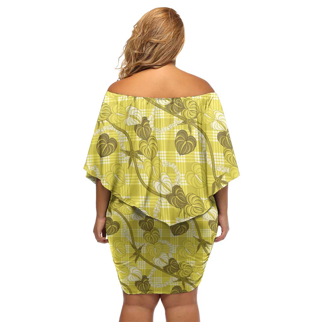 Anthurium Pikake Ti Leaf Palaka Family Matching Off Shoulder Short Dress and Hawaiian Shirt Yellow Version LT01 - Polynesian Pride