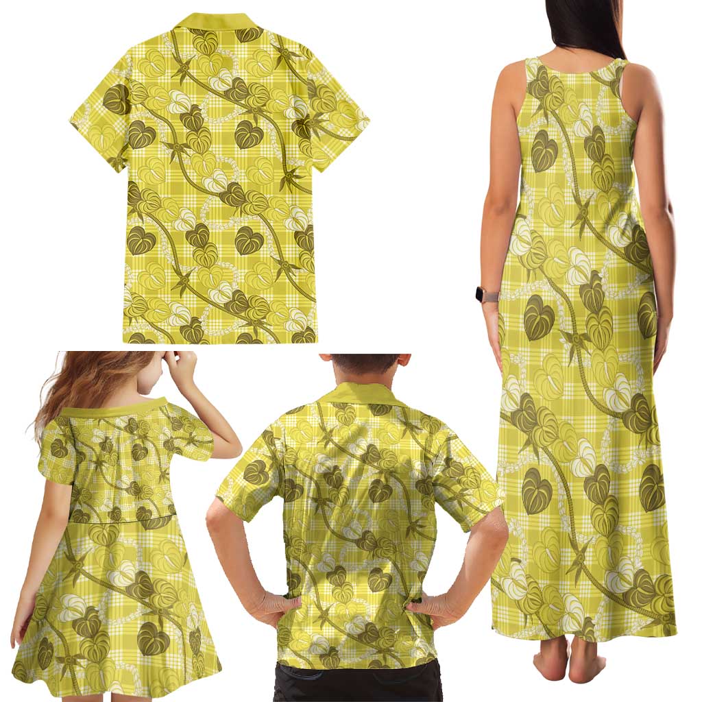 Anthurium Pikake Ti Leaf Palaka Family Matching Tank Maxi Dress and Hawaiian Shirt Yellow Version LT01 - Polynesian Pride