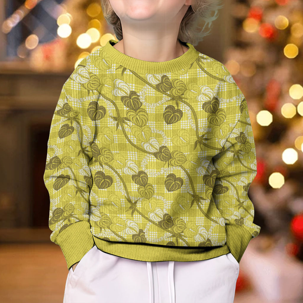 Anthurium Pikake Ti Leaf Palaka Kid Ugly Christmas Sweater Yellow Version LT01 - Polynesian Pride