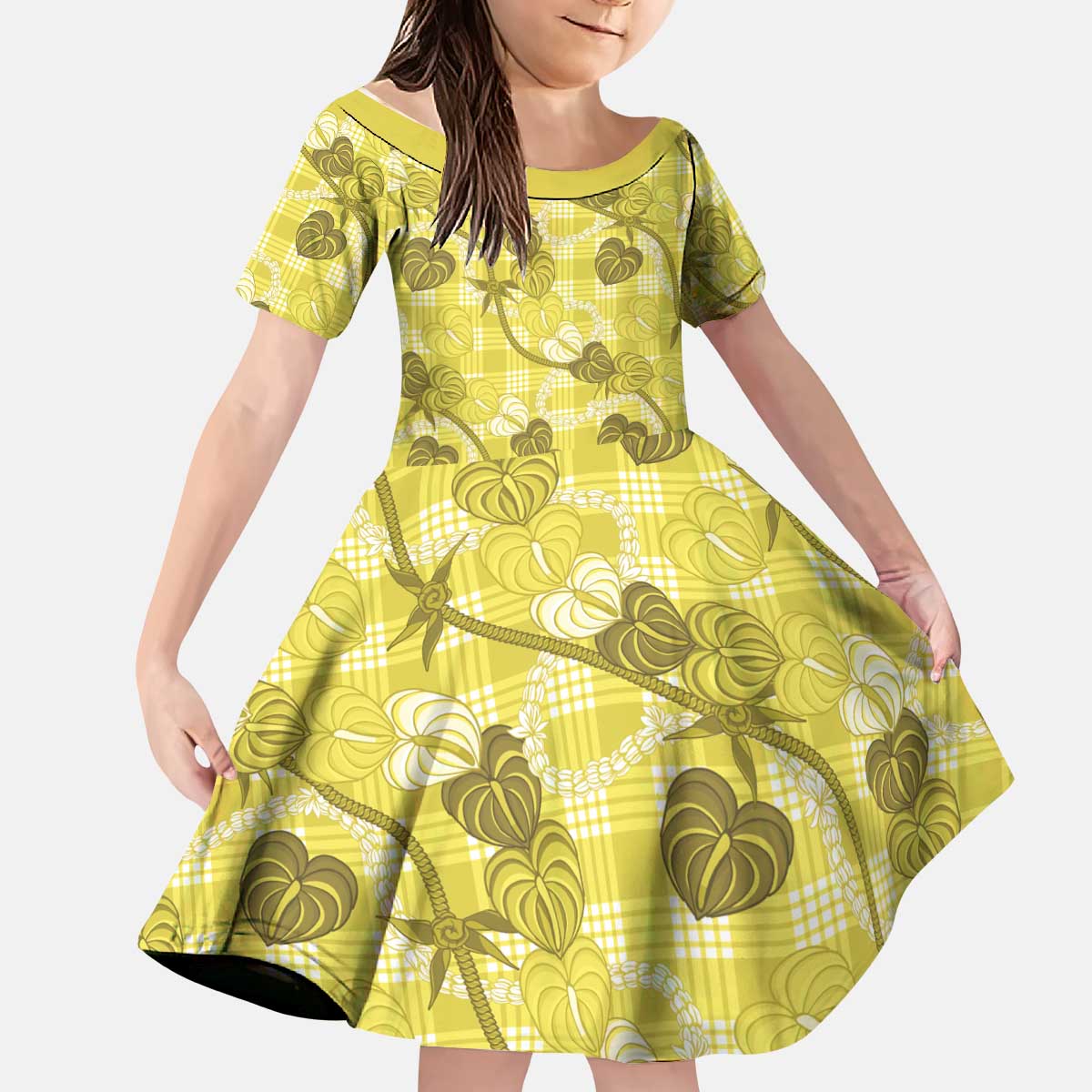 Anthurium Pikake Ti Leaf Palaka Kid Short Sleeve Dress Yellow Version LT01 KID Yellow - Polynesian Pride
