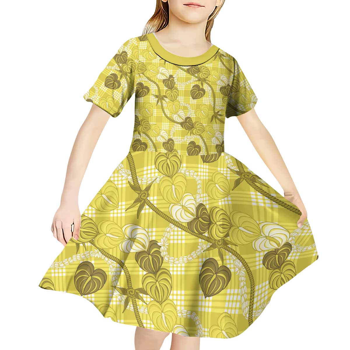 Anthurium Pikake Ti Leaf Palaka Kid Short Sleeve Dress Yellow Version LT01 - Polynesian Pride
