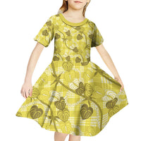 Anthurium Pikake Ti Leaf Palaka Kid Short Sleeve Dress Yellow Version LT01 - Polynesian Pride