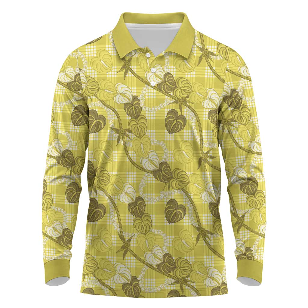 Anthurium Pikake Ti Leaf Palaka Long Sleeve Polo Shirt Yellow Version LT01 Yellow - Polynesian Pride