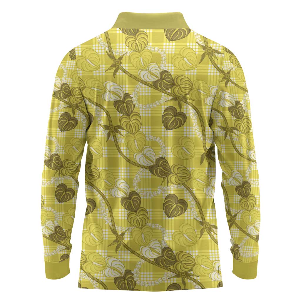 Anthurium Pikake Ti Leaf Palaka Long Sleeve Polo Shirt Yellow Version LT01 - Polynesian Pride