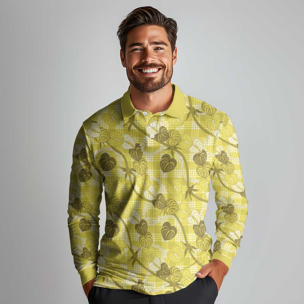 Anthurium Pikake Ti Leaf Palaka Long Sleeve Polo Shirt Yellow Version LT01 - Polynesian Pride