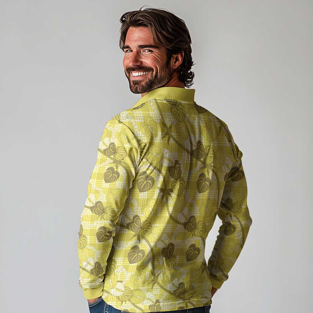 Anthurium Pikake Ti Leaf Palaka Long Sleeve Polo Shirt Yellow Version LT01 - Polynesian Pride