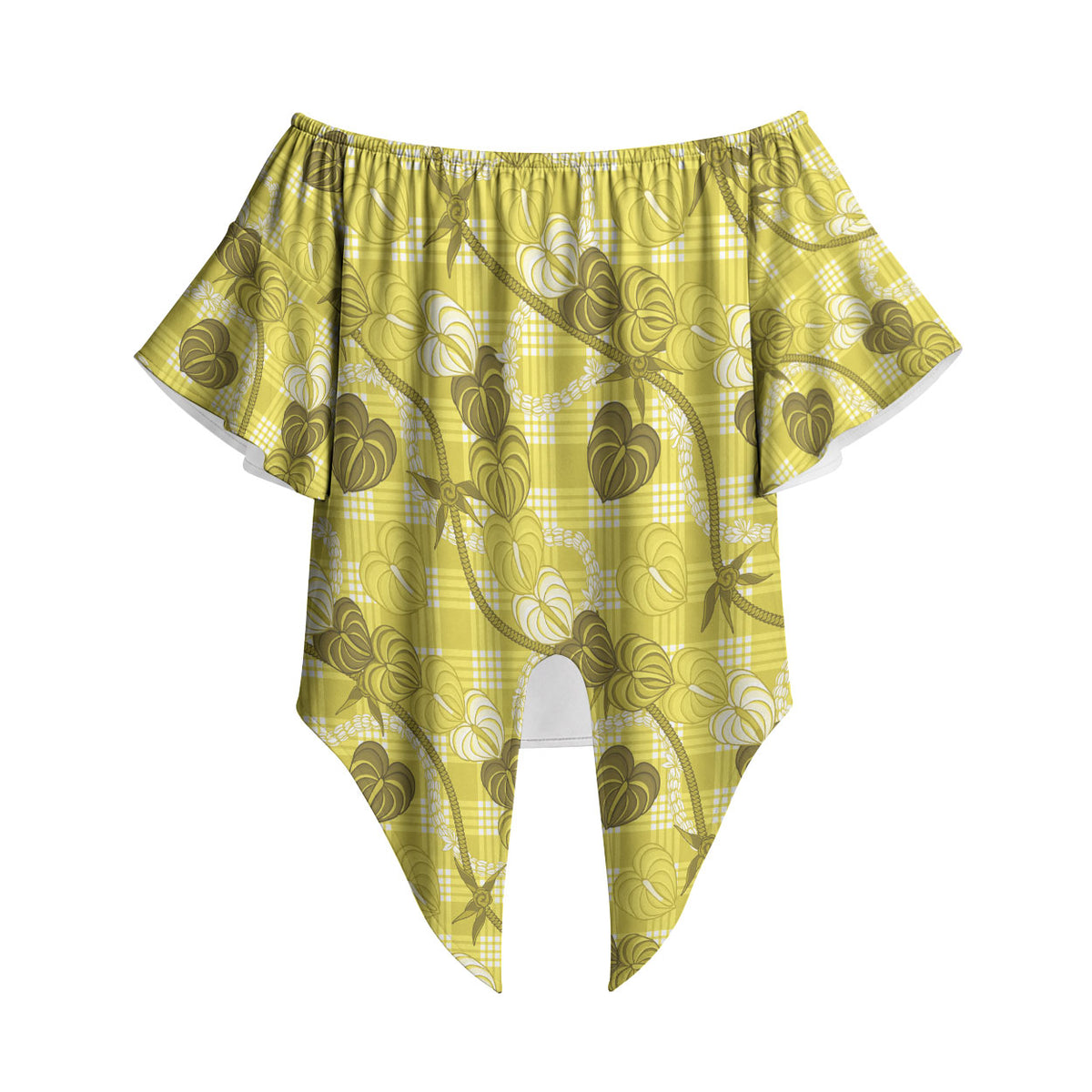 Anthurium Pikake Ti Leaf Palaka Off Shoulder Wrap Waist Top Yellow Version LT01 Yellow - Polynesian Pride