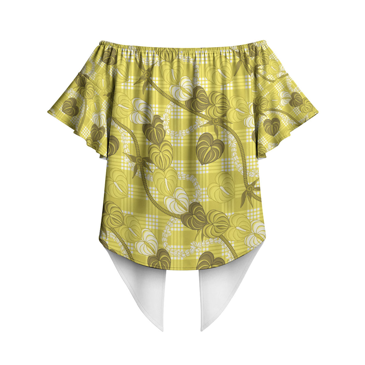 Anthurium Pikake Ti Leaf Palaka Off Shoulder Wrap Waist Top Yellow Version LT01 - Polynesian Pride