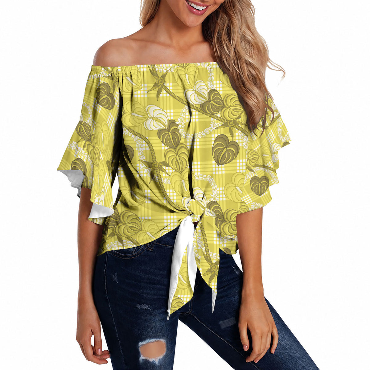 Anthurium Pikake Ti Leaf Palaka Off Shoulder Wrap Waist Top Yellow Version LT01 - Polynesian Pride
