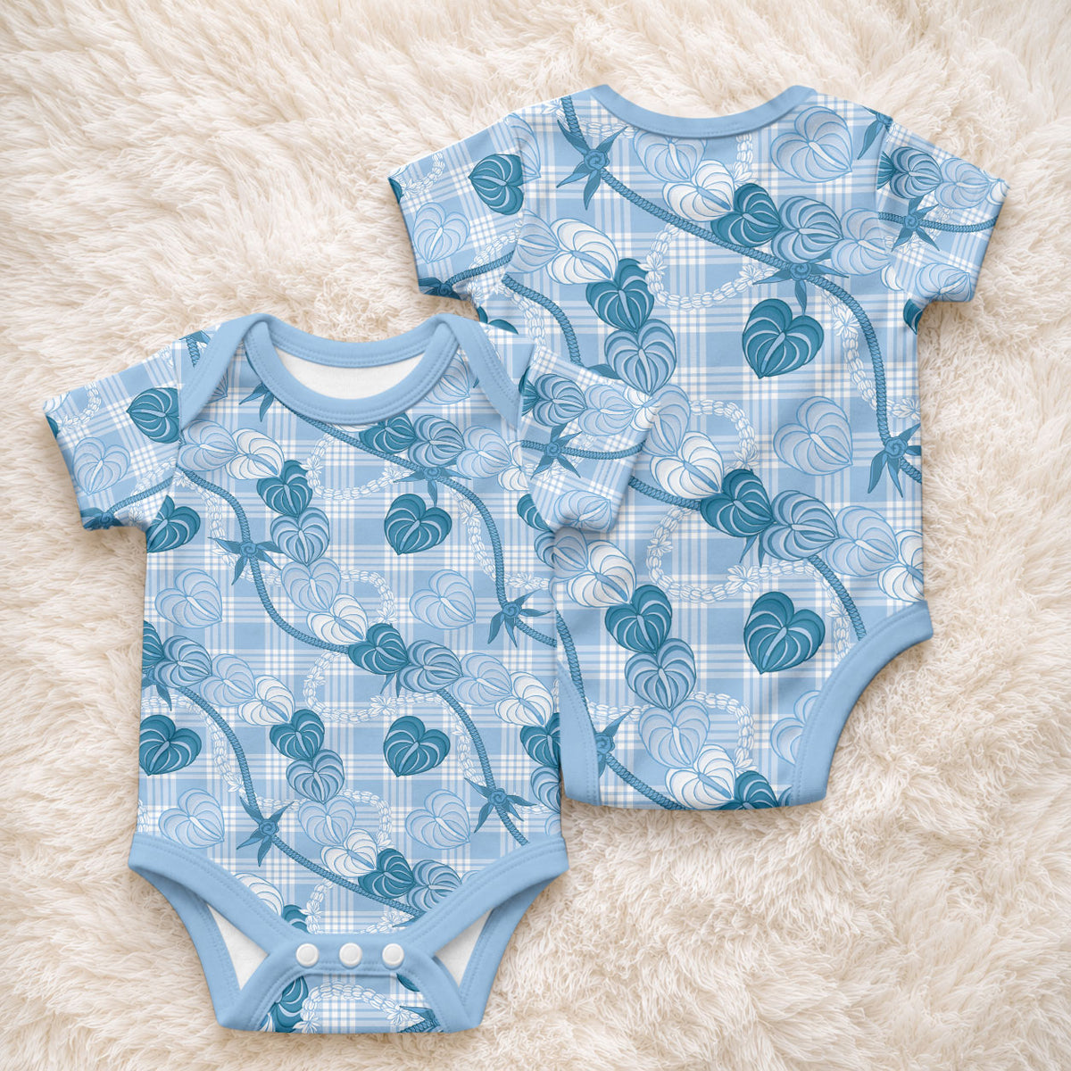 Anthurium Pikake Ti Leaf Palaka Baby Onesie Blue Version LT01 - Polynesian Pride