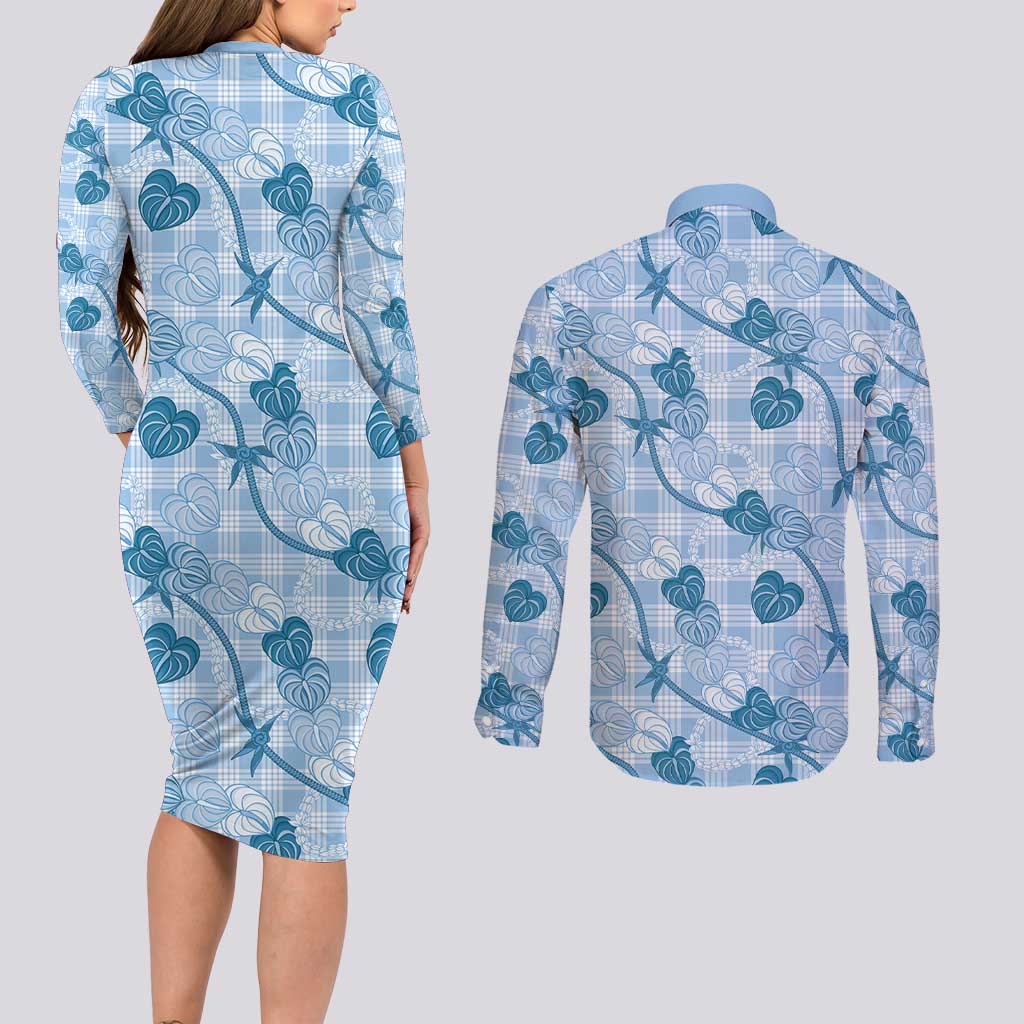 Anthurium Pikake Ti Leaf Palaka Couples Matching Long Sleeve Bodycon Dress and Long Sleeve Button Shirt Blue Version