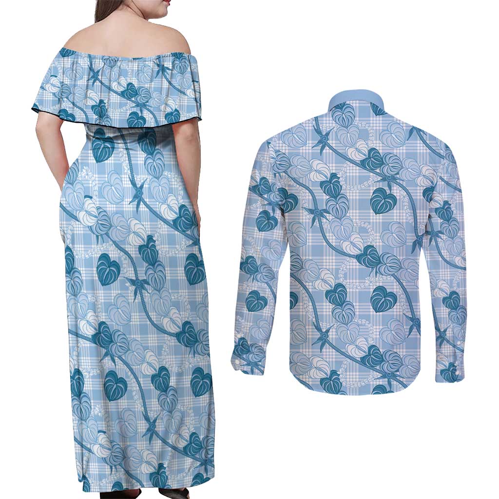 Anthurium Pikake Ti Leaf Palaka Couples Matching Off Shoulder Maxi Dress and Long Sleeve Button Shirt Blue Version