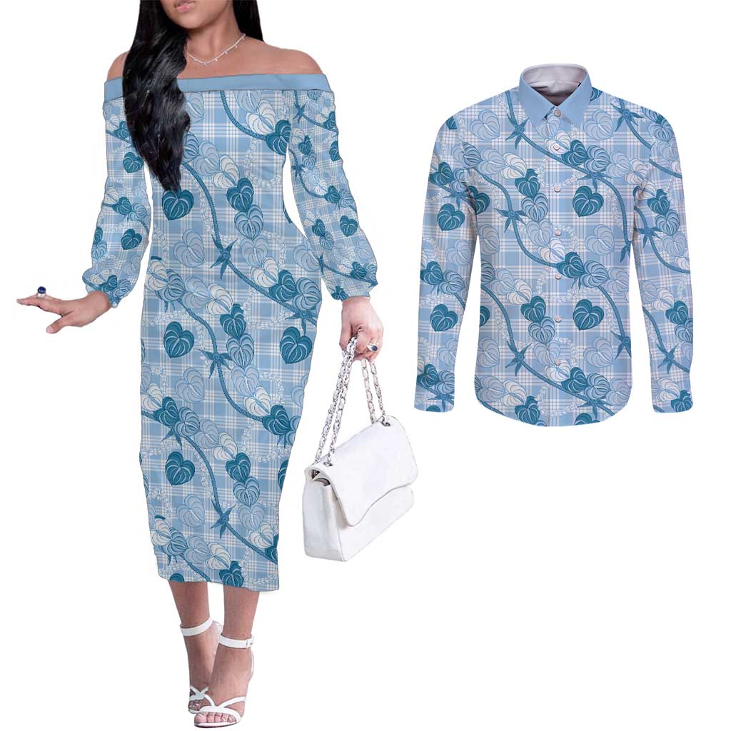 Anthurium Pikake Ti Leaf Palaka Couples Matching Off The Shoulder Long Sleeve Dress and Long Sleeve Button Shirt Blue Version LT01 Blue - Polynesian Pride