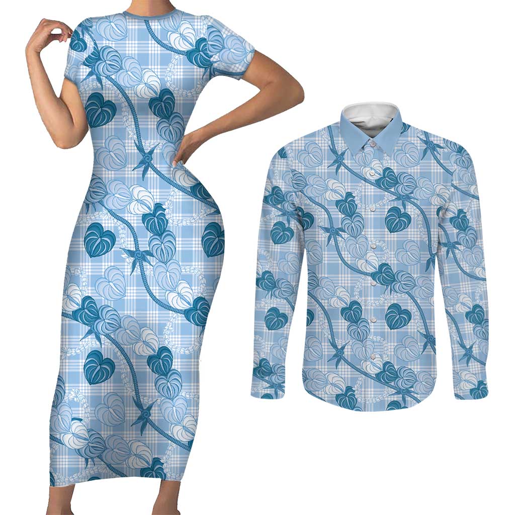 Anthurium Pikake Ti Leaf Palaka Couples Matching Short Sleeve Bodycon Dress and Long Sleeve Button Shirt Blue Version LT01 Blue - Polynesian Pride