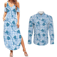 Anthurium Pikake Ti Leaf Palaka Couples Matching Summer Maxi Dress and Long Sleeve Button Shirt Blue Version