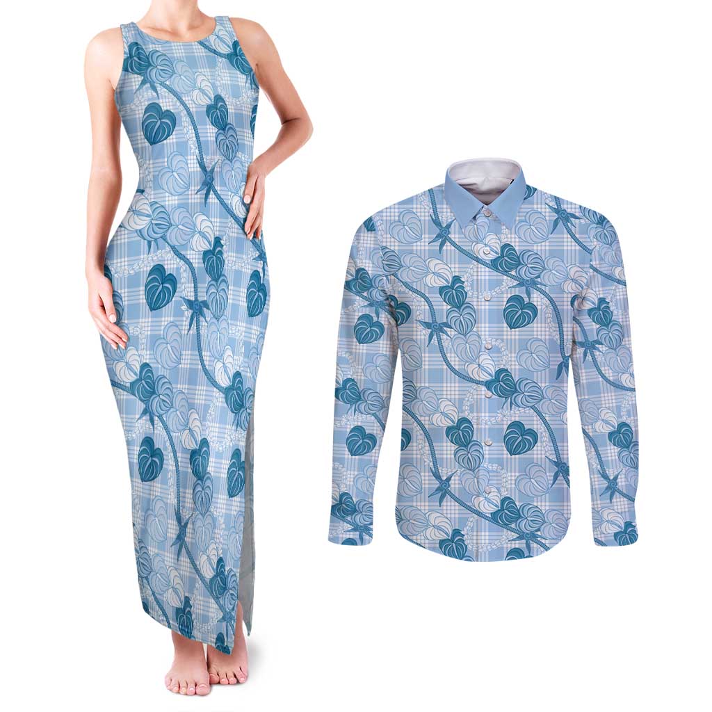 Anthurium Pikake Ti Leaf Palaka Couples Matching Tank Maxi Dress and Long Sleeve Button Shirt Blue Version LT01 Blue - Polynesian Pride