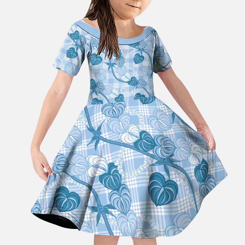 Anthurium Pikake Ti Leaf Palaka Family Matching Long Sleeve Bodycon Dress and Hawaiian Shirt Blue Version LT01 Daughter's Dress Blue - Polynesian Pride
