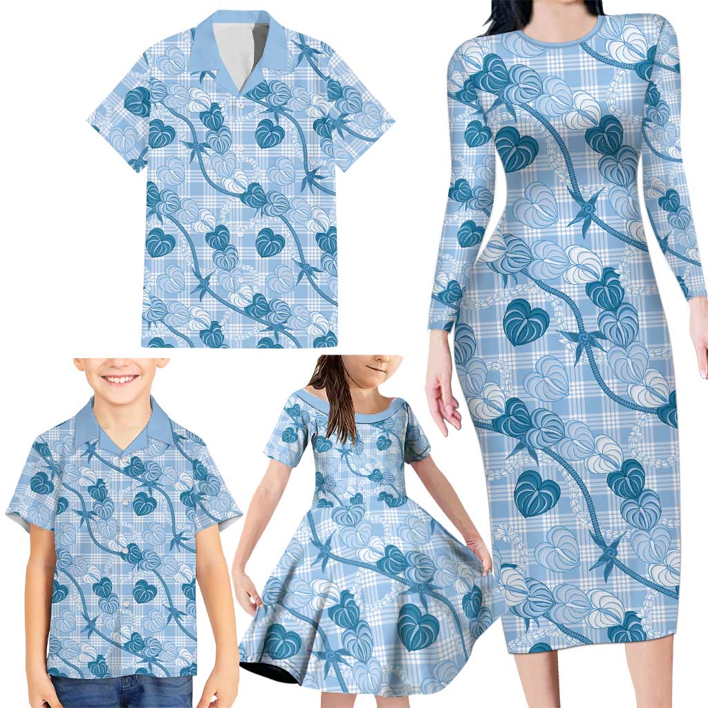 Anthurium Pikake Ti Leaf Palaka Family Matching Long Sleeve Bodycon Dress and Hawaiian Shirt Blue Version LT01 - Polynesian Pride
